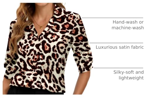 Image of Premium Soft Breathable Stretch Satin Silk Button Down Shirts for Women Long Sleeve Leopard Blouses Work Dress Tops