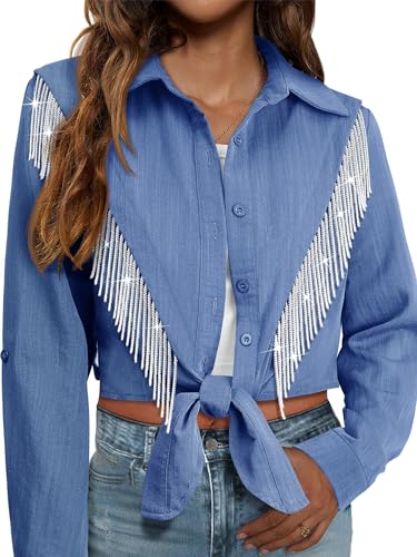 MYMORE Womens Rhinestone Fringe Crop Top Shirt Dolly Costume Parton Club Clubbing Rave Party Outfit Long Sleeve Glitter Button Up Shirt Top Western Cowgirl Nashville Country Outfit Clothing Blue S