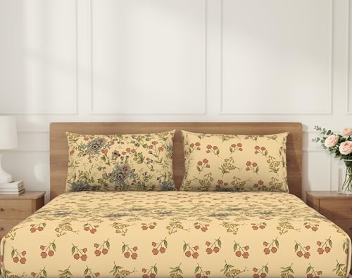 Image of Welspun ENZO Queen Size Fitted Bedsheet with 2 Pillow Covers | 360 Elastic | 100% Pure Cotton | 60 x 78 Inches | Soft, Breathable, Lightweight & Easy Care | Beige