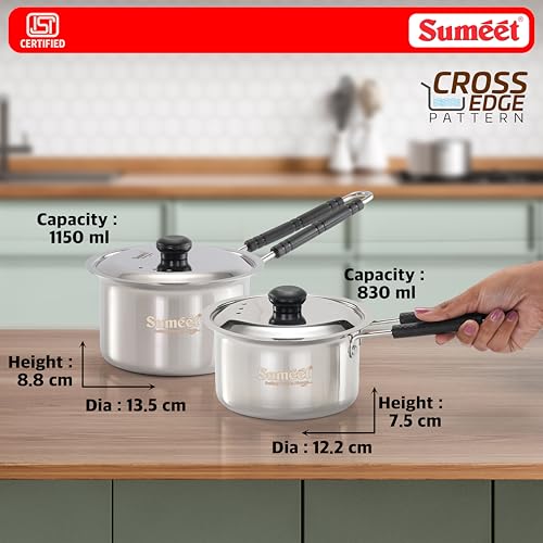 Image of Sumeet ISI Certified HeavyPly Premium Stainless Steel Cross Edge Induction & Gas Stove Friendly Saucepan /Milk Pan /Tea Maker with Lid Set of 2 Pcs - 830ml / 1150ml