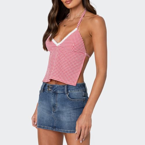 Women Girls Terry Trim V-Neck Halterneck Top Sleeveless Open Back Gingham Tops Strappy Y2K Shirts Streetwear2