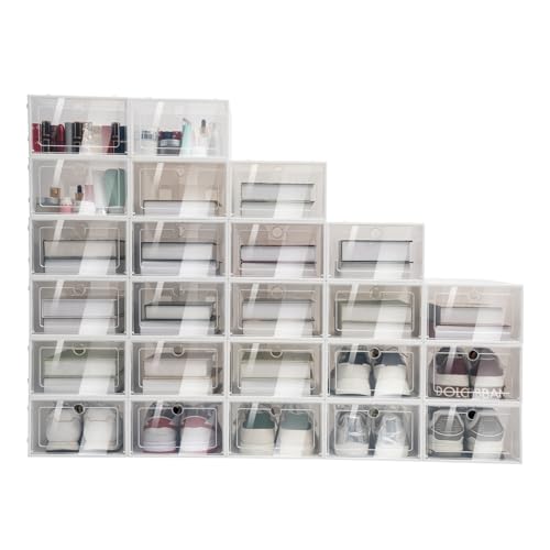 Siohdagu 24 Pack Stackable Shoebox Thicken & Sturdy Clear Multifunctional Shoe Box for Universal Shoe Storage and Sneaker Boot Container