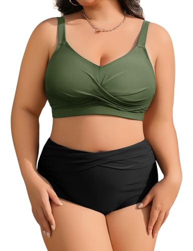 heekpek Bañadores Mujer Tallas Grandes Dos Piezas Push Up Cuello V Bikini Mujer Talla Grande Estampado Talle Alto Bañador Reductor Vientre Plano, Verde Negro, XL