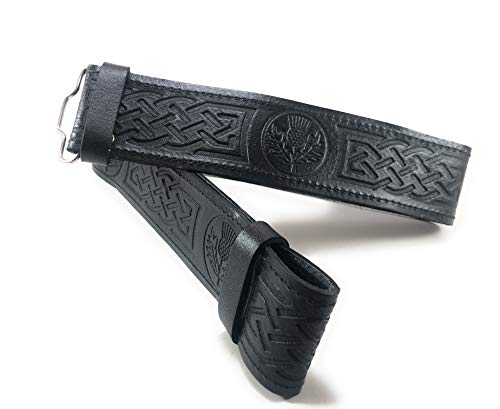 Black Leather Scottish Highland Kilt Belt With Thistle Embossed Design2