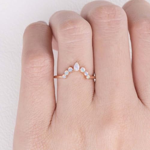 Pear And Round Shape Vintage Fire Opal V Shape Bridal Stacking Matching Band 18K Rose Gold Art Deco Wedding Promise Band October Birthstone Birthday Gift For Love4