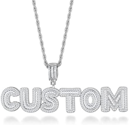 HDMENC Custom Letter Pendant Small Baguette Name Necklace Men and Women Cubic Zirconia Charm Pendant with Rope Chain Gold Hip Hop Jewelry (4 letter, Silver)