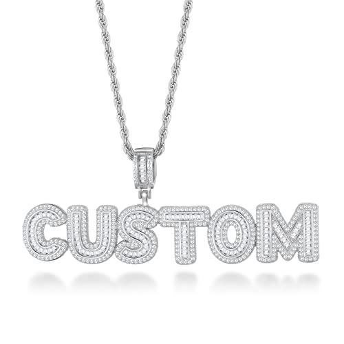 Hdmenc Custom Letter Pendant Small Baguette Name Necklace Men And Women Cubic Zirconia Charm Pendant With Rope Chain Gold Hip Hop Jewelry (4 Letter, Silver) #TOP2