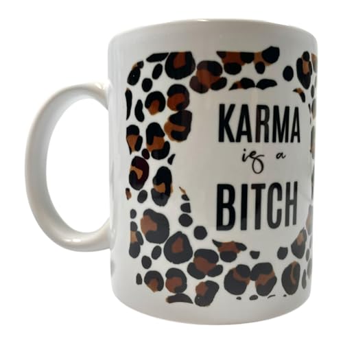 NetSpares Keramiktasse „Karma is a Bitch“ | Kaffeetasse mit Leopardenmuster | Frecher Spruch Becher | Lustige Geschenkidee für Freunde, Kolleginnen, Büro, Geburtstag