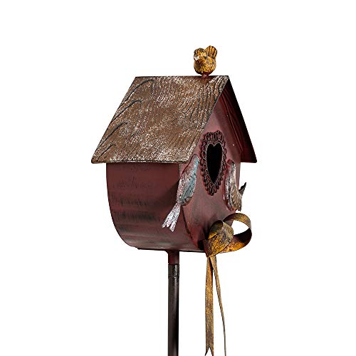 MOCOME 55\" Outdoor Bird House Stake with Pole, Rococo Birdhouse Stand with Bowknot, Antique Decorative Garden Stake, Metal Bird Houses for Outside(Claret, Oval Shape)