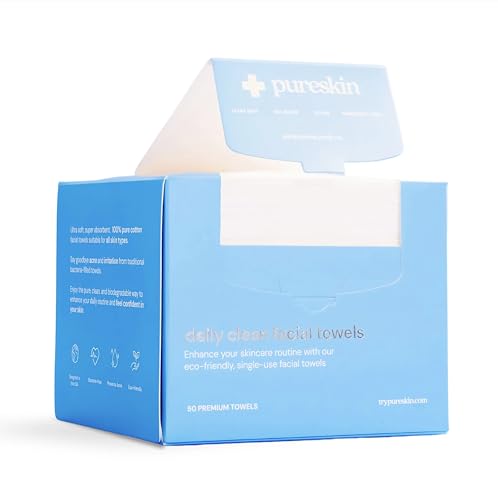 pureskin Daily Clean Facial Towels 100% Biodegradable Pure Cotton Premium Disposable Face Towels Clinician Recommended Ultra Soft Suitable for All Skin Types 50 count