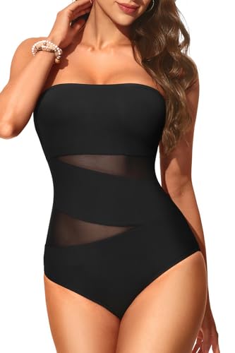 Holipick Women Strapless One Piece Swimsuit Tummy Control Bandeau Bathing Suit Mesh Cutout Swimwear