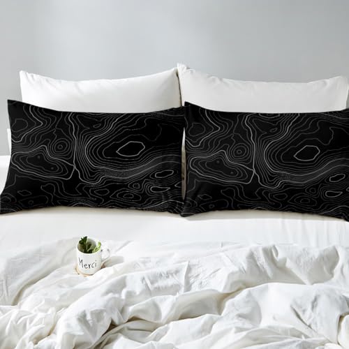 Loussiesd Galaxy Print Bedding Set for Kids Boys Girls Stylish Topographic Contour Design Comforter Cover Set Geometric Duvet Cover Black White Bedspread Cover Bedding Collection 3Pcs Double - Image 4