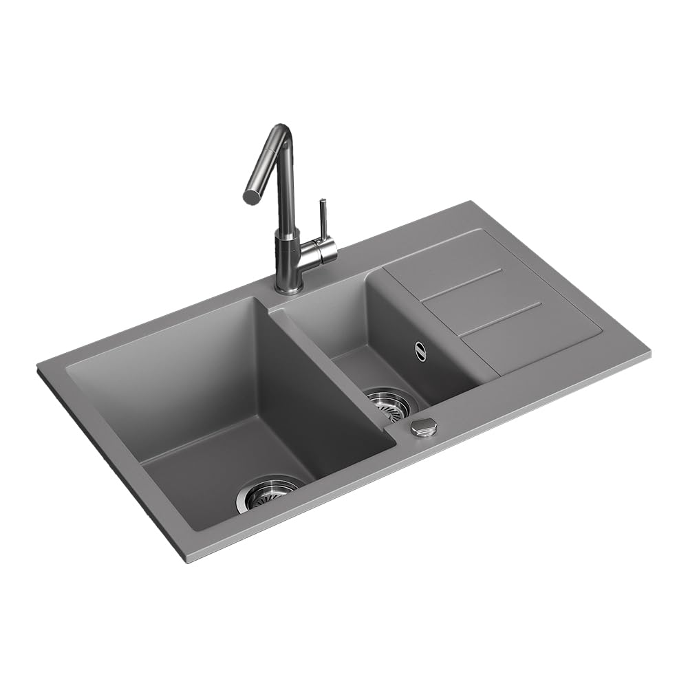 Bergström Fregadero "Seattle", Gris, 80 x 50 cm | con 2 lavabos y zona de secado, apto para la instalación en encimeras a partir de 90 cm de ancho