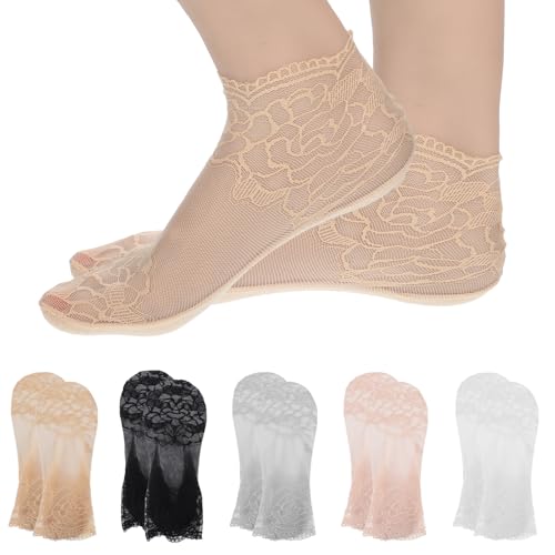 Image of JJUNW 5 Pairs Lace Ankle Socks For Women, Mesh Lace Fishnet Ankle Socks Sexy Ankles Women