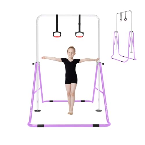 FINCOME Gymnastics Bar for Kids with Gymnastics Rings, Height Adjustable Gymnastics Horizontal Bar, Foldable Bar Gymnastics Equipment for Home Room Indoor Outdoor Training, Gymnastic Bar Light Purple