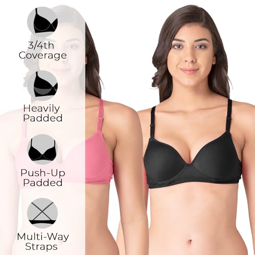Image of Komli - Heavily Padded Push-Up Bra - Cotton Rich - Balconette - 3 /4th Coverage, Seamless, Wireless, Multiway Straps - T-Shirt Bra