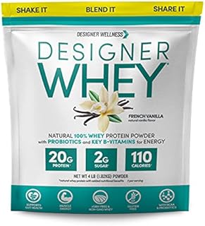 Designer Wellness Designer Whey Natural 100% Whey Protein Powder with Probiotics, Fiber, and Key B-Vitamins for Energy, Gluten-free, Non-GMO, French Vanilla ,4 lb