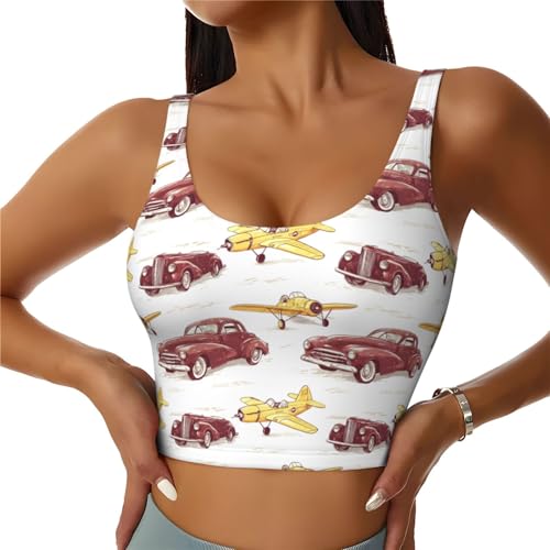 Sujetadores deportivos para mujer de alto soporte, estampado vintage de avión, atlético, correr, entrenamiento, camiseta sin mangas, Negro, XXL