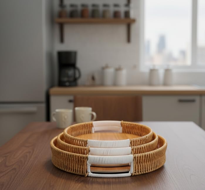 Image of Elegant and Versatile Set of 3 Decorative Serving Trays for Kitchen, Dining, Coffee Table, and Home Dcor in Round Shape with Natural Wooden Clour