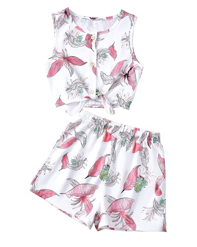 Image of YOURUIKEY Girls Summer Outfits Cute Clothes for Kids Hawaiian Beach Sleeveless Floral Crop Top Shorts Tween Girl Clothing Set