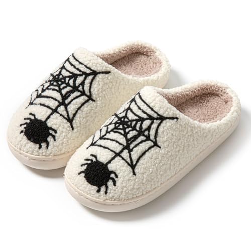Halloween Slippers Soft Plush Comfy Pumpkin Slipper Cozy Indoor Outdoor Fluffy for Women Men Vintage Foam Memory Slipper Indoor Household Slippers Spiderweb White 41-42