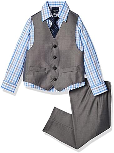 Nautica boys 4-piece Vest Set With Dress Shirt, Bow Tie, Vest, and Pants Suit, Light Gray, 7 US