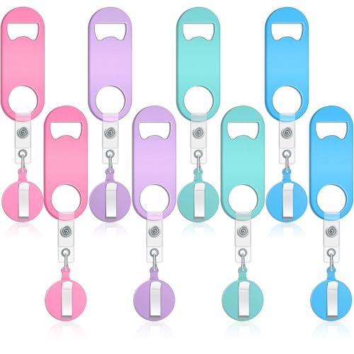 Honoson 8 Pieces Retractable Bottle Opener Bartender Flat Beer Opener with Round Badge Reel Clips Holder for Kitchen Restaurant Home Supplies Party Gifts (Classic,Sky Blue,Pink,Green,Purple)