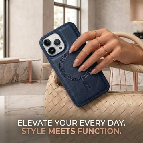 Image of amazon basics Premium PU Leather Case for iPhone 13 Pro, MagSafe Compatible Magnetic Ring, Sleek Protective Back Cover - [Blue]