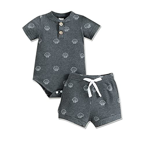 Image of Aweyoo Newborn Boy Outfits Summer Neutral Baby Clothes 0-3 Months Short Sleeve Romper Top + Shorts Solid Ribbed Cotton Shell Print