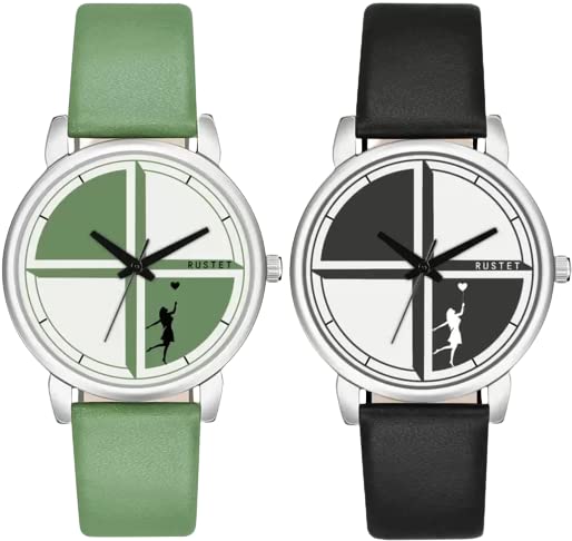 RUSTET Studded Round Attractive Pattern Analog Watch LR-356 with Genuine Leather Belt for Womens & Girls (Green, Black) (B0C3VDJNDD) Amazon Price History, Amazon Price Tracker