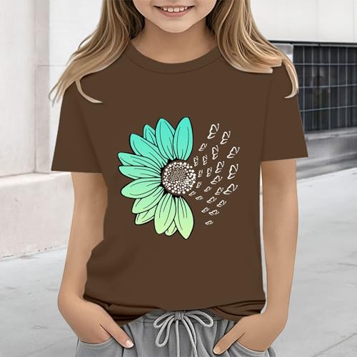 Girls Loose Fit Sunflower Graphic T Shirts Short Sleeve Crewneck Cute Pattern Printed Tops Kids (I-Coffee, 3-4 Years)4