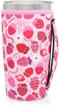 AJLTPA Neoprene Insulated Sleeves Cup Holder with Handle for 20oz Tumbler Cups, Reusable Iced Coffee Sleeve For 30oz - 32oz coffee cups(Lovely Strawberry）