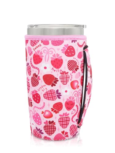 AJLTPA Neoprene Insulated Sleeves Cup Holder with Handle for 20oz Tumbler Cups, Reusable Iced Coffee Sleeve For 30oz - 32oz coffee cups(Lovely Strawberry）