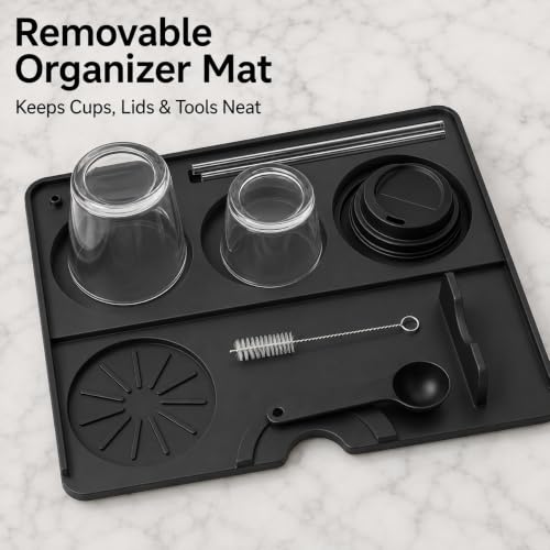 Image of SYINTAO Silicone Slushie Machine Mat with Drying Pad, 23.6 x 15.7 in | Black 2-piece silicone bar mat with raised edge, drain spout and detachable cup organizer for frozen drink and coffee makers