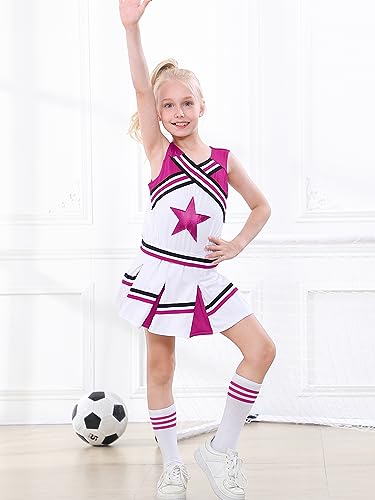 LOLANTA Girls' Cheerleading Costumes with Pompoms and Socks, Kids Halloween Fancy Dress Up, Cheerleader Outfit, Rosered, 4-5 Years, 110 - Image 3
