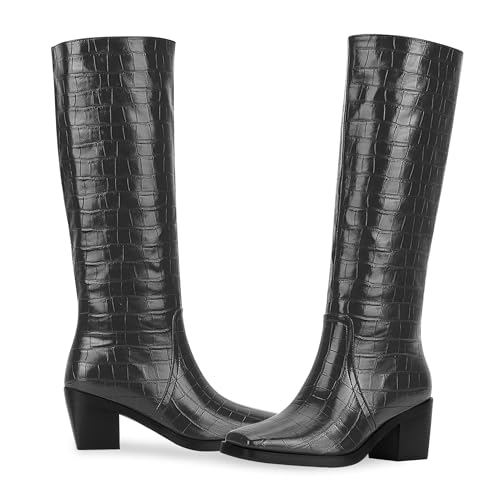 Women's Chunky Heel Square Toe Knee High Boots Slip On Patent Leather Crocodile Boots4
