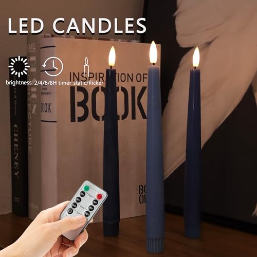 Image of Blue Flameless Taper Candles, 9.6 inch Real Wax Battery Operated Candles with Remote, 3 Pack Flickering, Gradient Candlesticks, Fake Candle for Home, Wedding, Party Decor