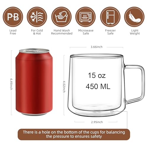 CNGLASS 15oz Double Walled Glass Coffee Mugs,Large Insulated Glass Mugs with Handle,Clear Coffee Cups for Espresso,Latte,Cappuccino,Tea,Set of 2 — view 2