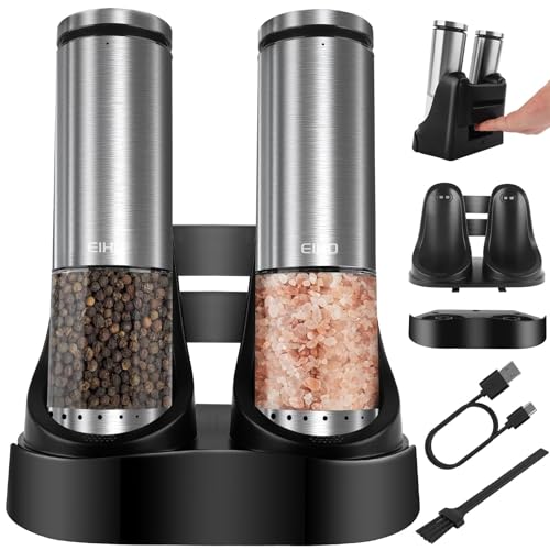 Comparison: Best Automatic Pepper Grinder 7 EIHO Electric Salt and Pepper Grinder Set USB Rechargeable, Upgraded External Adjustable Coarseness, Stainless Steel Automatic Salt and Pepper Shakers Mills with LED Light, House Warming Cooking Gifts