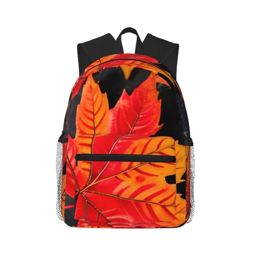 Mochila impermeable ligera con estampado de hojas rojas y correas ergonómicas
