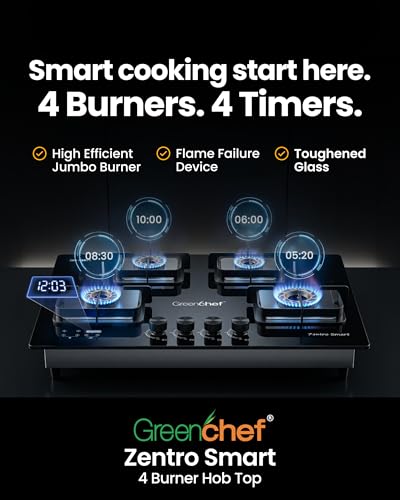 Image of Greenchef Zentro Smart Four burner Glass Hob Top| Digital timer| Featured with Flame failure| Black Color| High efficiency tornado Burners| Dual Purpose hob(Built In Or Counter top)