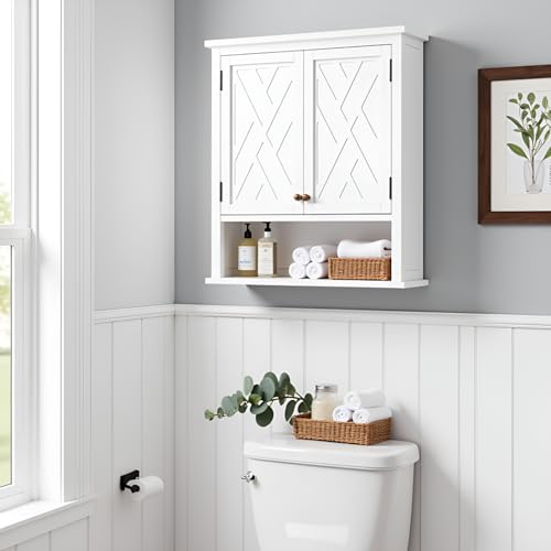 Alaterre Furniture Coventry Wall Mounted Bathroom Cabinet with Shaker-Style Doors, Adjustable Shelf & Open Storage – 27" x 29" Space-Saving Organizer for Small Bathrooms