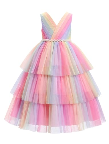 IBTOM CASTLE Flower Girl Dress Kids Birthday Dress Ruffle Pearls Tiered Tulle Party Dress Wedding Gown Prom