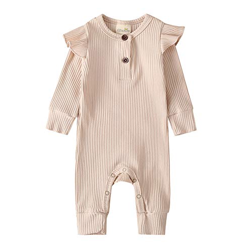 ASashitenel Newborn Baby Girl Boy Clothes Fly Long Sleeve Solid Button Knitted Ribbed Romper Ruffle Jumpsuit One Piece Pajamas Autumn Winter (C-Apricot Button Romper, 18-24 Months)