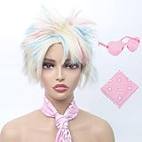 FGY Short Blonde Wigs for Women Highlight Pink & Blue Wigs with Bandana and Glasses Straight Colorful Weird Funny Costume Wigs for Halloween Cosplay Anime Party