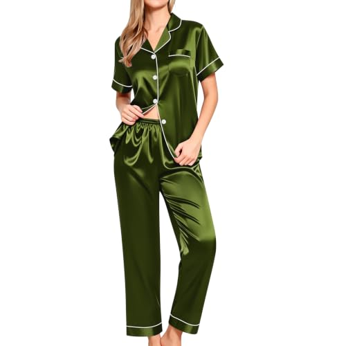 Image of SWOMOG Women Satin Pajamas Set Short Sleeve Top & Pants Sleepwear Silky Button Down Nightwear 2pcs Loungewear Pjs Set