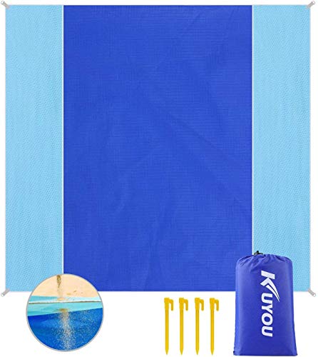 KUYOU Sand Free Beach Mat, 210X 200 CM Beach Blanket Extra Large Water & Heat Resistant Picnic Blanket Includes 4 Stakes, Lightweight Portable for Beach, Picnic, Camping, Outdoor Events