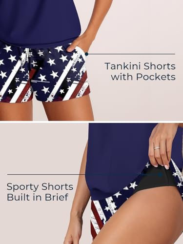 Image of Summer Mae Blouson Women's Tankini Swimsuits Tummy Control Modest 2025 Two Piece with Sporty Pockets Bathing Suits Simple Stars and Stripes XX-Large