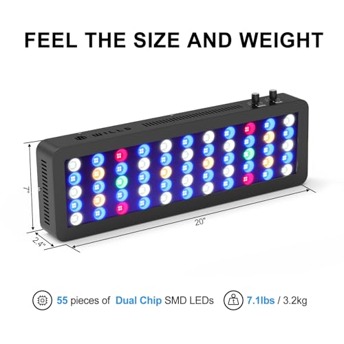 Image of Wills Aquarium Light, 100W Full Spectrum LED Reef Lights, 20 inchx7 inchx2.4 inch | For Coral Saltwater Fish Tank, Blue /White Dual Dimmable Channels, 55 Premium SMD LEDs, Daisy Chain Design, Hanging Kit