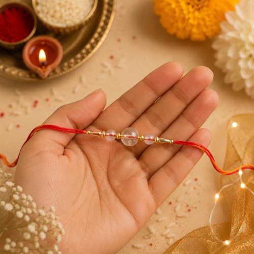 Image of Shubhanjali Crystal Beads Rakhi for Brother | Handmade Healing Crystal Stone Designer Rakhi for Bhaiya | Raksha Bandhan Gift Set with Roli Chawal, Kumkum, Greeting Card & Potli